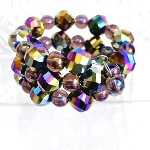 Iridescent Faceted Crystal Rondelle Glass Beaded Wire Bracelet